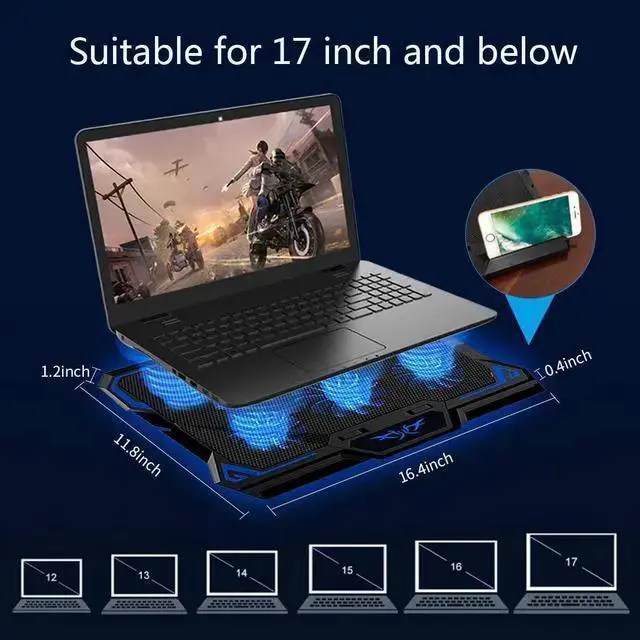 Alt view image 7 of 7 - WISDUM Laptop Cooling Pad, Laptop Cooler with 6 Quiet Led Fans for 15.6-17 Inch Laptop Cooling Fan Stand, Portable Ultra Slim USB Powered Gaming Laptop Cooling Pad, Switch Control Fan Speed Function