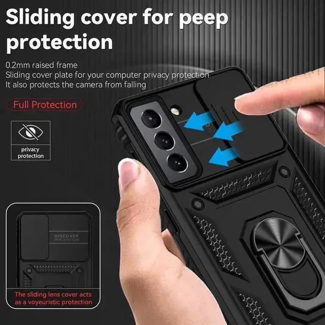 Alt view image 4 of 7 - WISDUM for Galaxy S21 Case with Camera Lens Cover HD Screen Protector, Dual Layer Military-Grade Drop Tested Magnetic Ring Holder Kickstand Protective Phone Case for Galaxy S21 5G (Black)