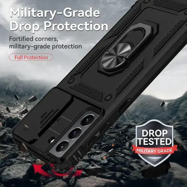 Alt view image 5 of 7 - WISDUM for Galaxy S21 Case with Camera Lens Cover HD Screen Protector, Dual Layer Military-Grade Drop Tested Magnetic Ring Holder Kickstand Protective Phone Case for Galaxy S21 5G (Black)