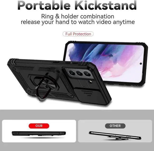 Alt view image 7 of 7 - WISDUM for Galaxy S21 Case with Camera Lens Cover HD Screen Protector, Dual Layer Military-Grade Drop Tested Magnetic Ring Holder Kickstand Protective Phone Case for Galaxy S21 5G (Black)
