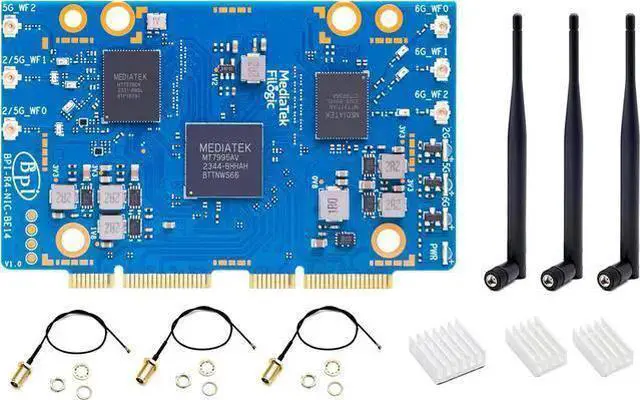 Main image of WISDUM Banana Pi BPI-R4 NIC BE14 WiFi 7 Module for BPI-R4 Wireless Tri-Band WiFi Router Board OpenWRT, MediaTek MT7995AV CPU 32 bits RISC-V MCU, with 6X 2G/5G/6GHz WiFi Antenna (WiFi7 NIC Module)