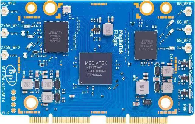 Alt view image 3 of 4 - WISDUM Banana Pi BPI-R4 NIC BE14 WiFi 7 Module for BPI-R4 Wireless Tri-Band WiFi Router Board OpenWRT, MediaTek MT7995AV CPU 32 bits RISC-V MCU, with 6X 2G/5G/6GHz WiFi Antenna (WiFi7 NIC Module)