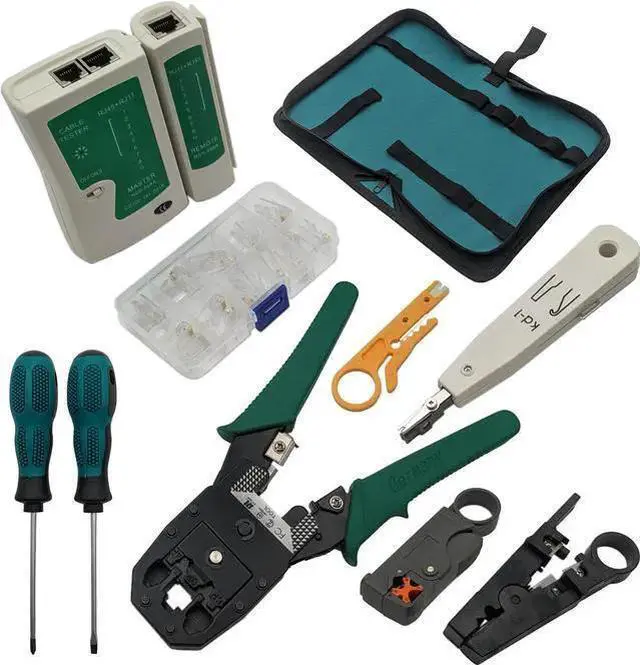 Main image of WISDUM 9-in-1 Network Toolkit with RJ45 Ethernet Crimping Tool, Krone Type Punch Down Tool, Networking Cable Tester, RJ45 Connectors, Wire Strippers, and Screwdrivers with Carrying Case