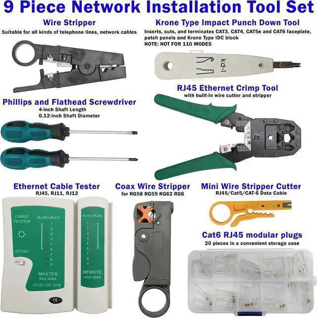 Alt view image 2 of 7 - WISDUM 9-in-1 Network Toolkit with RJ45 Ethernet Crimping Tool, Krone Type Punch Down Tool, Networking Cable Tester, RJ45 Connectors, Wire Strippers, and Screwdrivers with Carrying Case