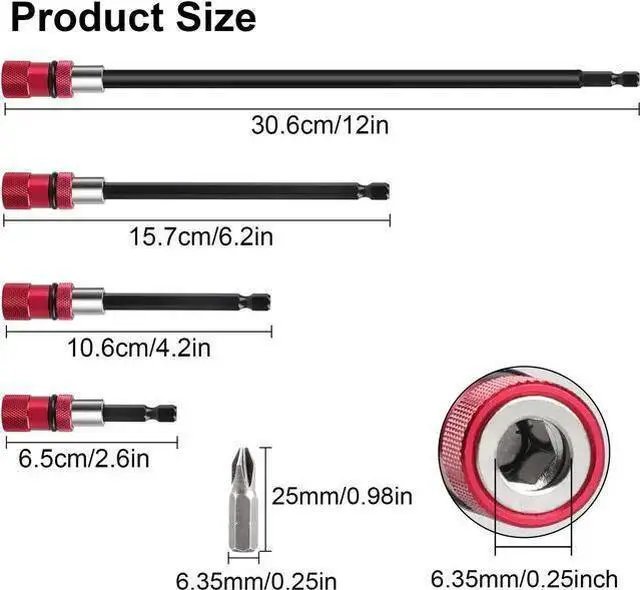 Alt view image 3 of 7 - WISDUM 4Pcs Steel Drill Extension Bit Holder Set - 12'' 6'' 4'' 2'' Magnetic Drill Screwdriver Bit Extender 1/4 inch Hex Bit Holder, Impact Driver Extension Adjustable Depth Screwdriver