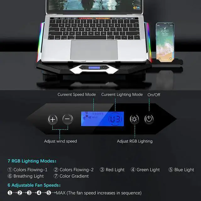 Alt view image 4 of 6 - WISDUM RGB Gaming Notebook Cooler, Laptop Fan Stand Adjustable Height with 6 Quiet Fans and Phone Holder, Computer Chill Mat, for 15.6-17.3 Inch Laptops - Blue LED Light