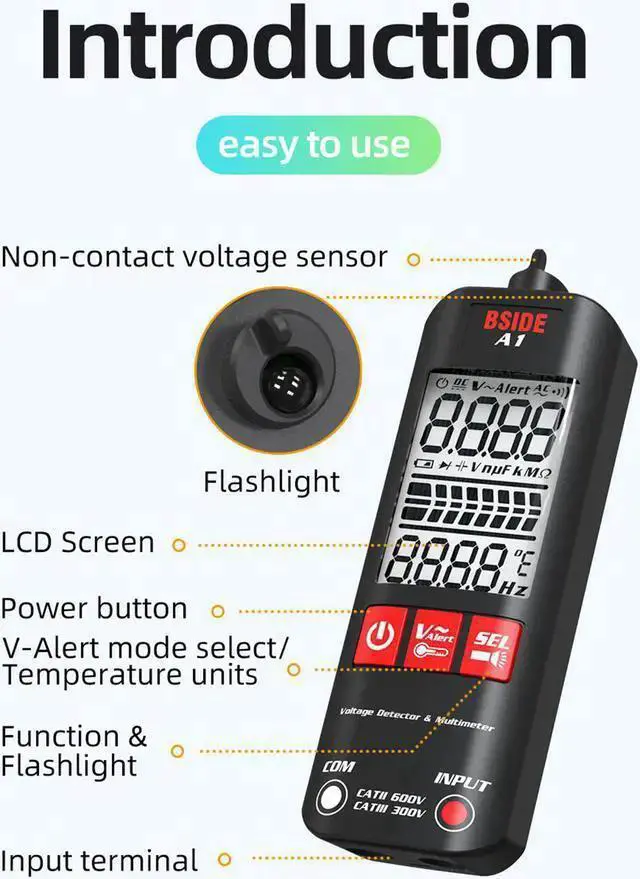 Alt view image 4 of 7 - WISDUM BSIDE A1 Mini Multimeter LCD Digital Tester Voltage Detector 2000 Counts DC/AC Voltage Frequency Resistance NCV Continuity Live Wire Neutral Wire Check True RMS Meter