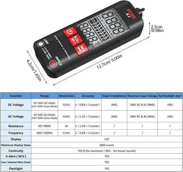 Alt view image 7 of 7 - WISDUM BSIDE A1 Mini Multimeter LCD Digital Tester Voltage Detector 2000 Counts DC/AC Voltage Frequency Resistance NCV Continuity Live Wire Neutral Wire Check True RMS Meter