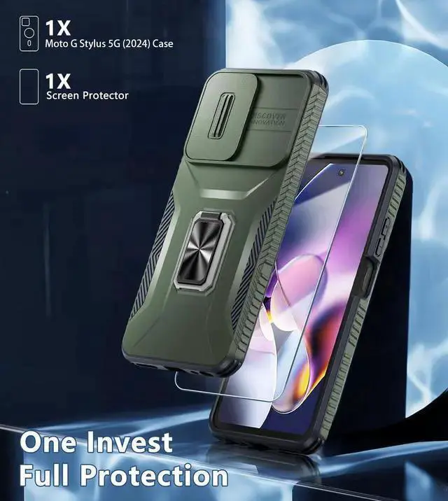 Alt view image 6 of 7 - WISDUM for Motorola Moto G Power 5G 2024 Case with Tempered Glass Screen Protector and Camera Lens Cover,Rotated Ring Stable Kickstand,Heavy Duty Shockproof Protective Phone Cover-Alpine Green