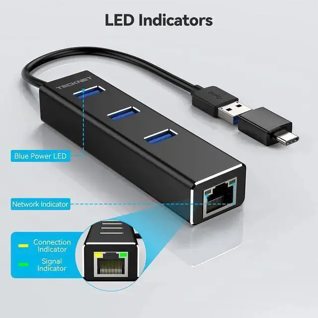 Alt view image 6 of 7 - WISDUM USB to Ethernet Adapter, USB C to Ethernet, Aluminum 3 Port USB 3.0 Hub with RJ45 10/100/1000 Gigabit Ethernet Adapter Converter LAN Wired, USB Network Adapter with USB C for Laptop