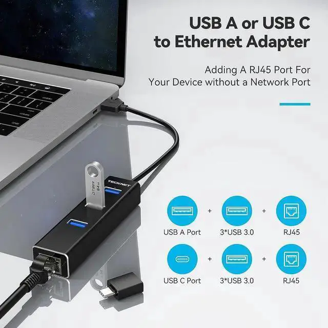 Alt view image 2 of 7 - WISDUM USB to Ethernet Adapter, USB C to Ethernet, Aluminum 3 Port USB 3.0 Hub with RJ45 10/100/1000 Gigabit Ethernet Adapter Converter LAN Wired, USB Network Adapter with USB C for Laptop