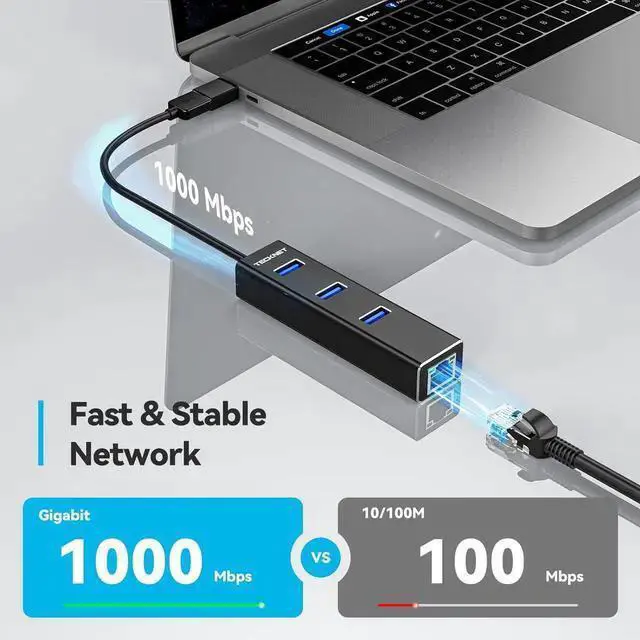 Alt view image 3 of 7 - WISDUM USB to Ethernet Adapter, USB C to Ethernet, Aluminum 3 Port USB 3.0 Hub with RJ45 10/100/1000 Gigabit Ethernet Adapter Converter LAN Wired, USB Network Adapter with USB C for Laptop