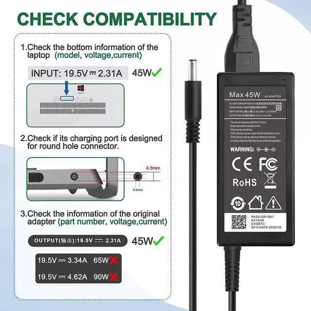 Alt view image 3 of 7 - WISDUM 45W Charger for Laptop Charger,AC Adapter for Inspiron 15 3000 5000 Series 15-3552 3555 3558 3565 3567 5551 5552 5555 5558 5559 Laptop Power Supply Cord