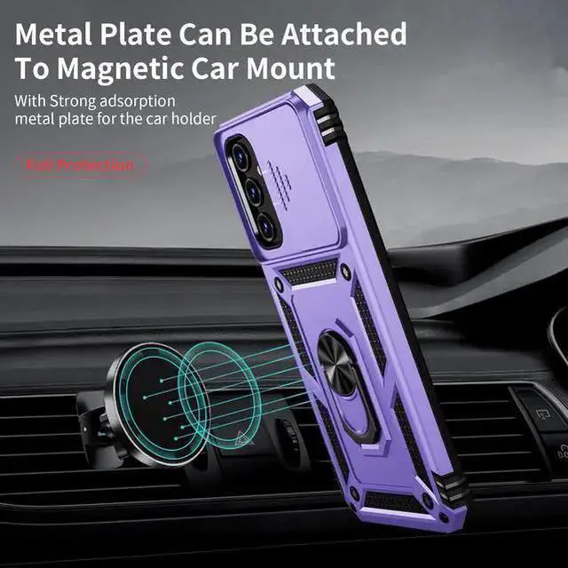 Alt view image 3 of 6 - WISDUM for Galaxy A15 5G Case with Slide Lens Cover, HD Screen Protector, Military Grade Drop Protection, Magnetic Rotated Ring Holder Kickstand Phone Case, Lavender