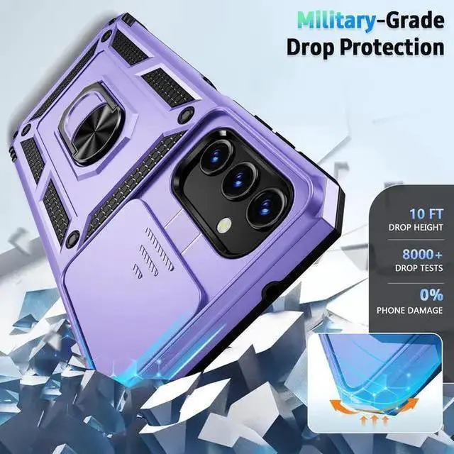 Alt view image 4 of 6 - WISDUM for Galaxy A15 5G Case with Slide Lens Cover, HD Screen Protector, Military Grade Drop Protection, Magnetic Rotated Ring Holder Kickstand Phone Case, Lavender