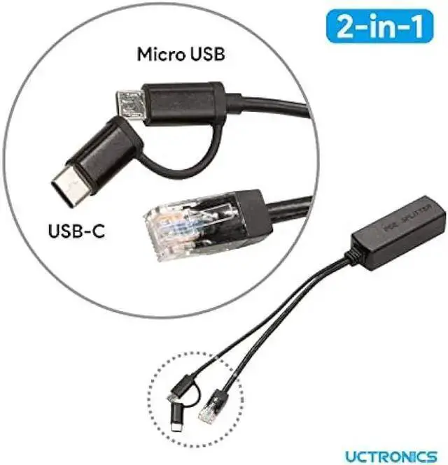 Alt view image 2 of 6 - WISDUM UCTRONICS Gigabit PoE Splitter 5V 3A, 2-in-1 PoE to USB C/Micro USB Adapter, IEEE 802.3af/at Compliant 10/100/1000Mbps for Raspberry Pi 3/4, Security IP Cameras and More