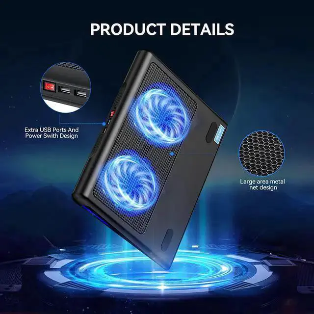 Alt view image 4 of 7 - WISDUM Laptop Cooling Pad, Portable Ultra-Slim Quiet Laptop Notebook Cooler Cooling Pad Stand with 2 USB Powered Fans, Fits 12-16 Inches (Blue)