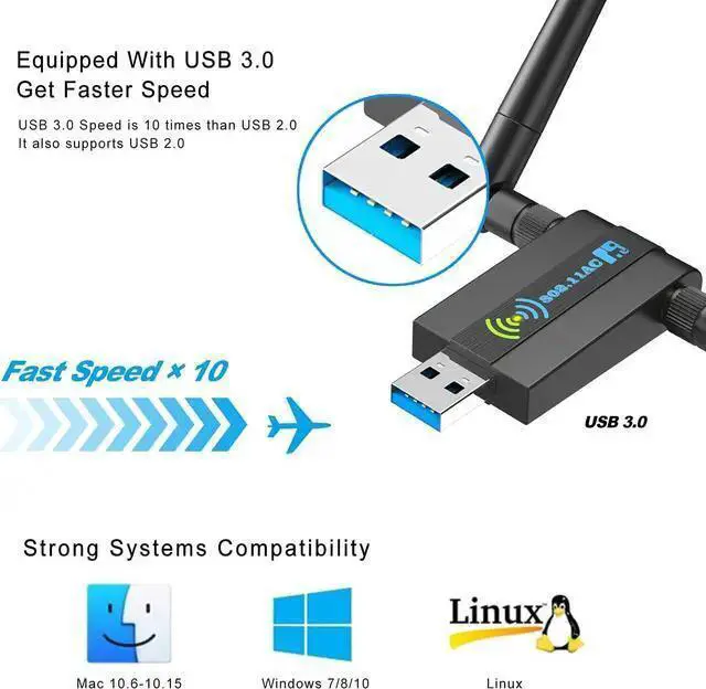 Alt view image 5 of 6 - WISDUM Wireless USB WiFi Adapter for PC: 1300Mbps WiFi USB, 802.11AC WiFi Adapter for Desktop PC, Dual Band WiFi Dongle Wireless Adapter for WIN7 8 10 11 XP MAC Linux, USB Computer Network Adapters