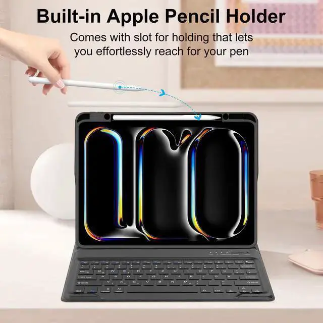 Alt view image 4 of 5 - WISDUM Pro 13 inch Case 2024 with Keyboard, Smart Folio Cover with Upper Pencil Holder for Pro 13-inch M4, Rechargeable, Magnetic Detachable Bluetooth Keyboard for Pro 7th Gen 13inch, Black