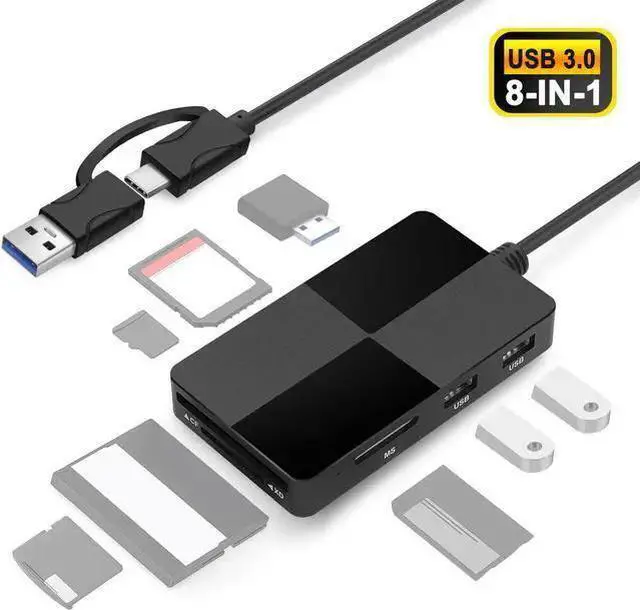 Main image of WISDUM 8 in 1 USB C & USB 3.0 Multi Card Reader Hub - 5 Gps High Speed for Supports SD, TF, CF, XD, MS Cards & 3 USB 3.0 Ports for Simultaneous Use