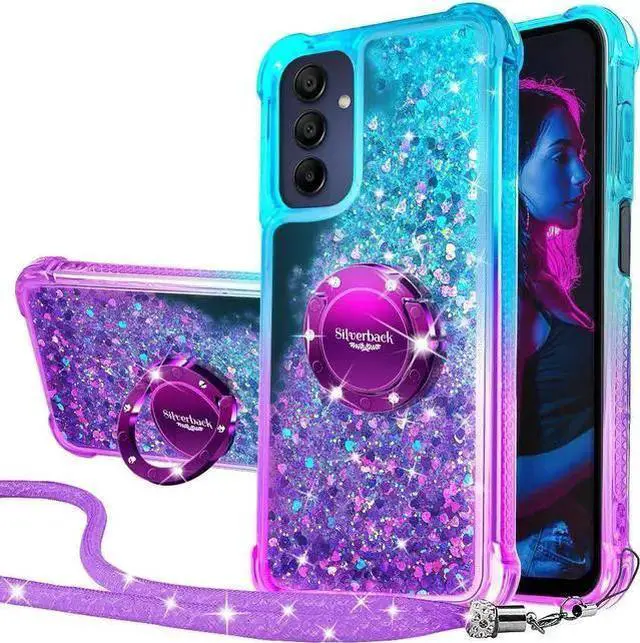 Main image of WISDUM Silverback for Galaxy A15 5G Phone Case, Moving Liquid Holographic Sparkle Glitter Case with Kickstand, Girls Women Bling Diamond Ring Slim Protective Case for Galaxy A15 5G - Purple