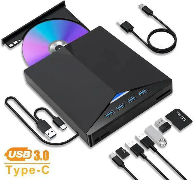 Main image of WISDUM 7 in 1 USB 3.0 Multi-function External CD/DVD Drive - Type-C CD/DVD +/-RW Player Reader Writer Burner, 4 USB Ports, Support SD/TF Card, Optical CD DVD Drive (Black)
