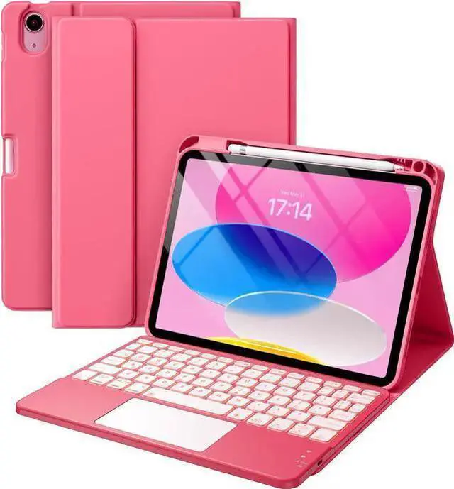 Main image of WISDUM For 10th Generation Case with Keyboard (10.9", 2022), Smart Keyboard Folio Cover with Pencil Holder, Multi-Touch Trackpad, 7 Color Backlit, Detachable Keyboard for 10th Gen (Pink)