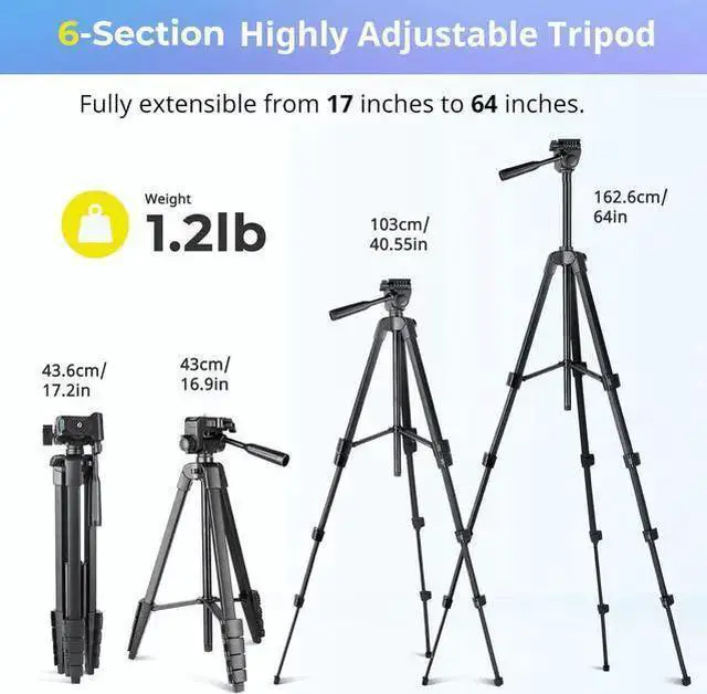 Alt view image 2 of 7 - WISDUM Aureday Phone Tripod Stand, 64 Extendable Cell Phone&Camera Tripod with Wireless Remote and Phone Holder, Aluminum Tripod for Video Recording/Selfies/Live Stream/Vlogging Black