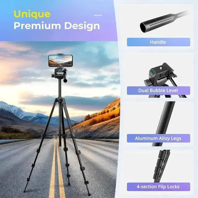 Alt view image 5 of 7 - WISDUM Aureday Phone Tripod Stand, 64 Extendable Cell Phone&Camera Tripod with Wireless Remote and Phone Holder, Aluminum Tripod for Video Recording/Selfies/Live Stream/Vlogging Black