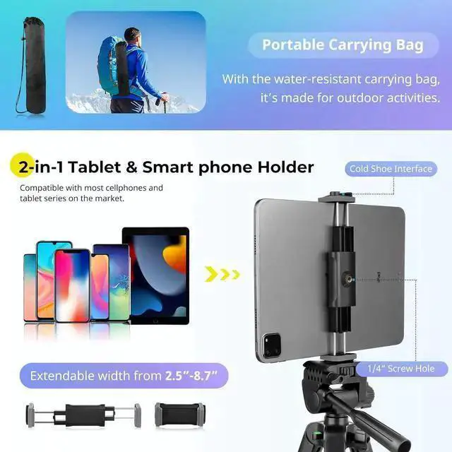 Alt view image 7 of 7 - WISDUM Aureday Phone Tripod Stand, 64 Extendable Cell Phone&Camera Tripod with Wireless Remote and Phone Holder, Aluminum Tripod for Video Recording/Selfies/Live Stream/Vlogging Black