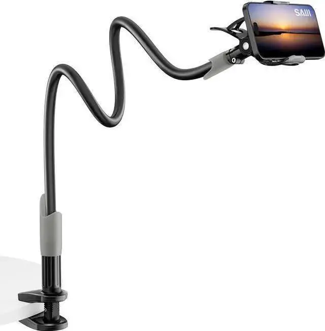 Main image of WISDUM SAIJI Gooseneck Bed Phone Holder, Flexible Long Arm Phone Mount for Desk, Clip Bracket Clamp Stand for 4.0-6.5'' Mobile Cell Phone Stand Document Camera Switch (Black)