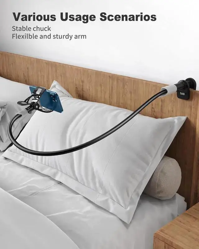 Alt view image 3 of 7 - WISDUM SAIJI Gooseneck Bed Phone Holder, Flexible Long Arm Phone Mount for Desk, Clip Bracket Clamp Stand for 4.0-6.5'' Mobile Cell Phone Stand Document Camera Switch (Black)