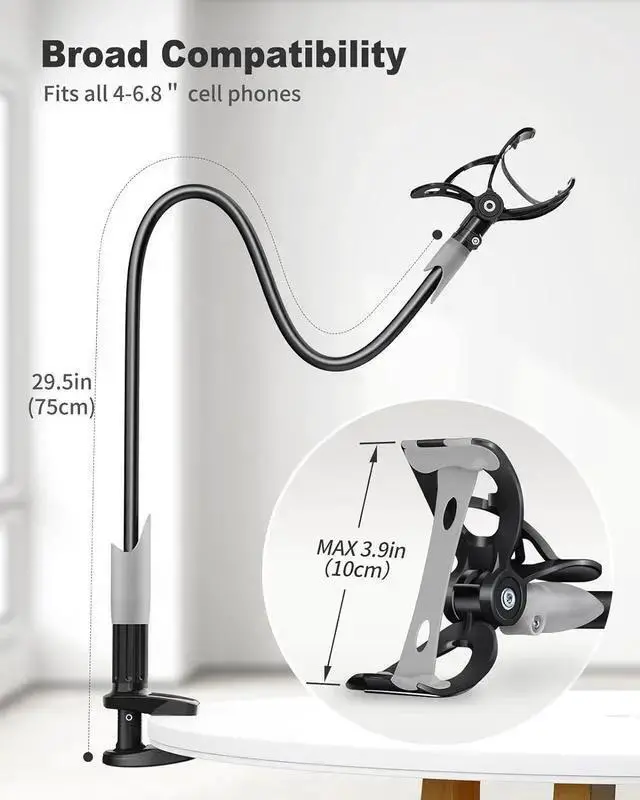 Alt view image 4 of 7 - WISDUM SAIJI Gooseneck Bed Phone Holder, Flexible Long Arm Phone Mount for Desk, Clip Bracket Clamp Stand for 4.0-6.5'' Mobile Cell Phone Stand Document Camera Switch (Black)