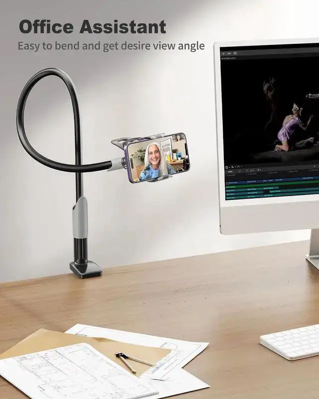 Alt view image 6 of 7 - WISDUM SAIJI Gooseneck Bed Phone Holder, Flexible Long Arm Phone Mount for Desk, Clip Bracket Clamp Stand for 4.0-6.5'' Mobile Cell Phone Stand Document Camera Switch (Black)