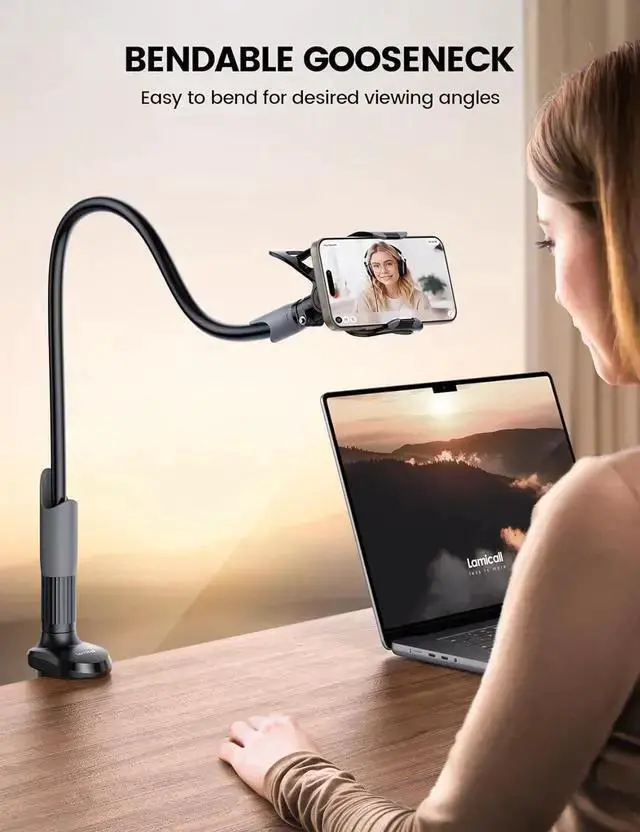 Alt view image 2 of 7 - WISDUM Gooseneck Phone Holder for Bed - Cell Phone Mount Clamp for Desk Flexible Long Arm Headboard Bedside Clip Overhead Mount Stand for 4-7 Phone 15 Pro Max 14 Plus 13 Mini Black