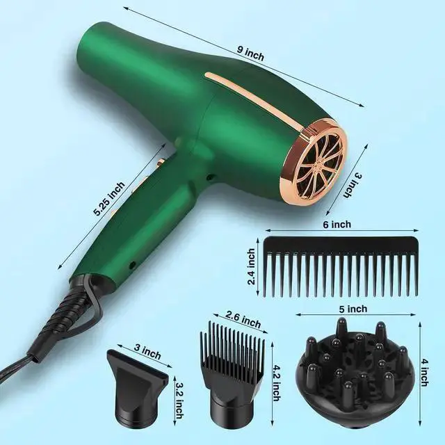 Alt view image 3 of 6 - WISDUM 2000 Watt Negative Ionic Hair Dryer, Professional Salon Blow Dryer, Low Noise Fast Drying & Powerful AC Motor and Diffuser Comb for Men Women,3 Heat & 2 Speed Settings, Easy to Use- Green