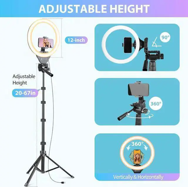 Alt view image 6 of 6 - WISDUM 12-inch Ring Light with 67-inch Selfie Stick, Tripod and Phone Holder, Selfie Remote Control Circle Light for Live Stream/Video Recording/TikTok, Compatible with All Phones and Cameras