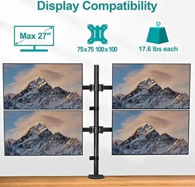 Alt view image 4 of 6 - WISDUM MOUNT PRO Quad Monitor Stand, 4 Monitor Mount for 13 to 27 inch Computer Screens, Hold up to 17.6lbs Each, Fully Adjustable Stacked 4 Monitor Desk Mount, VESA Mount, C clamp/Grommet Base