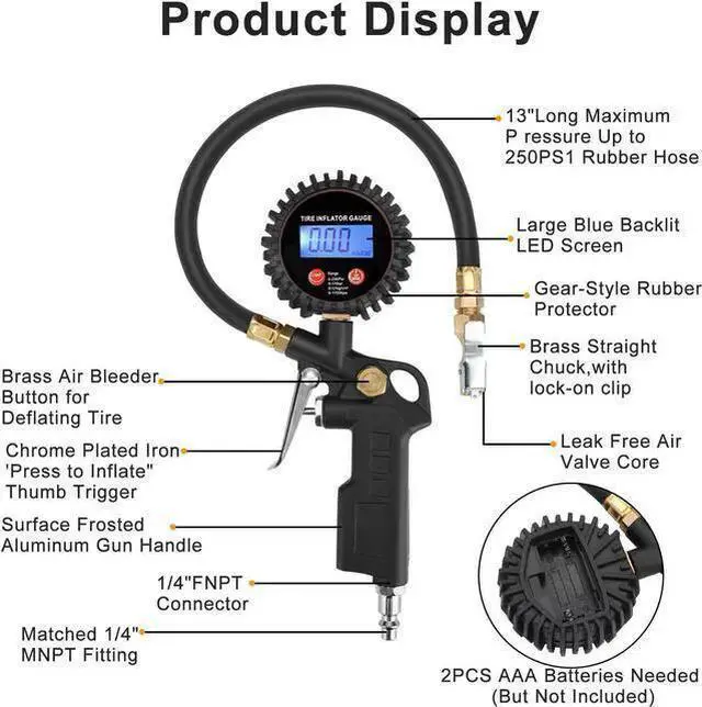 Alt view image 3 of 7 - WISDUM LED Display Digital Tire Inflator Deflator Pressure Gauge - for Truck/RV/Car/Bike Accurate to ±1 PSI, 0-250 PSI Range