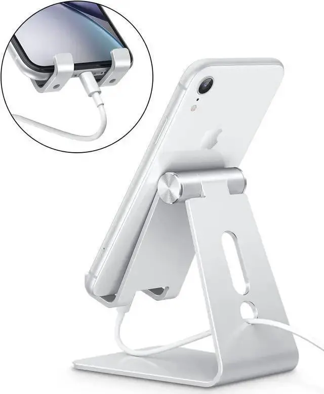 Alt view image 5 of 7 - WISDUM Adjustable Cell Phone Stand Aluminum Desktop Cellphone Stand with Anti-Slip Base and Convenient Charging Port Fits All Smart Phones Silver