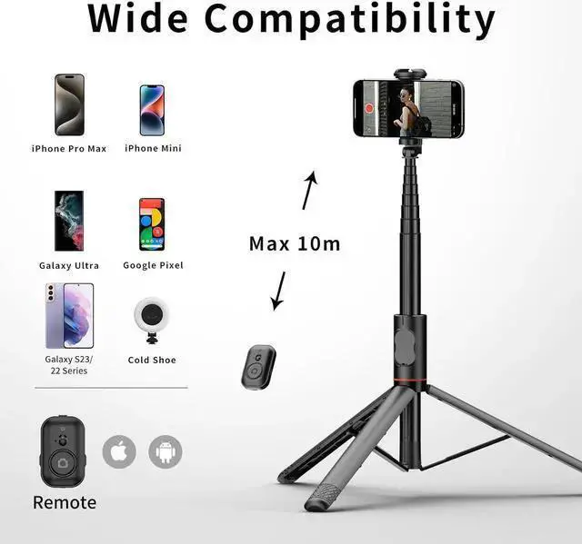 Alt view image 6 of 7 - WISDUM Joyful 72 Phone Tripod & Selfie Stick Extendable Cell Phone Tripod Stand with Wireless Remote Control and Cold Shoe Mount Compatible with and Android for Video/Photo/Vlog (Black)