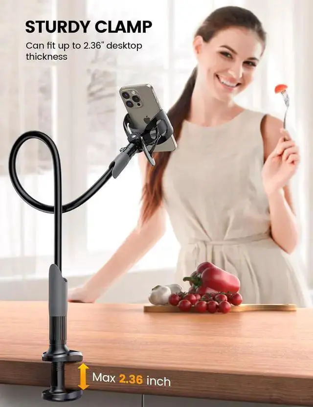 Alt view image 4 of 7 - WISDUM Gooseneck Phone Holder for Bed - Cell Phone Mount Clamp for Desk Flexible Long Arm Headboard Bedside Clip Overhead Mount Stand for 4-7 Phone 15 Pro Max 14 Plus 13 Mini Black