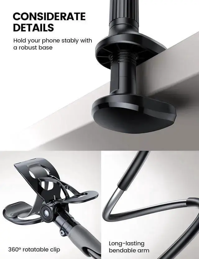Alt view image 6 of 7 - WISDUM Gooseneck Phone Holder for Bed - Cell Phone Mount Clamp for Desk Flexible Long Arm Headboard Bedside Clip Overhead Mount Stand for 4-7 Phone 15 Pro Max 14 Plus 13 Mini Black