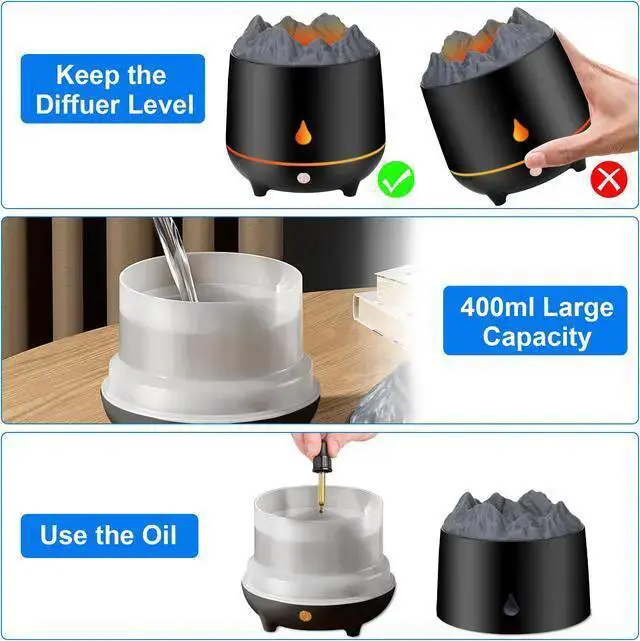 Alt view image 2 of 7 - WISDUM 3D Flame LED Light Air Humidifier - 400ml Air Humidifier Essential Oil Diffuser with Flame Effect for Home, Office, Spa, Gym (BlacK)