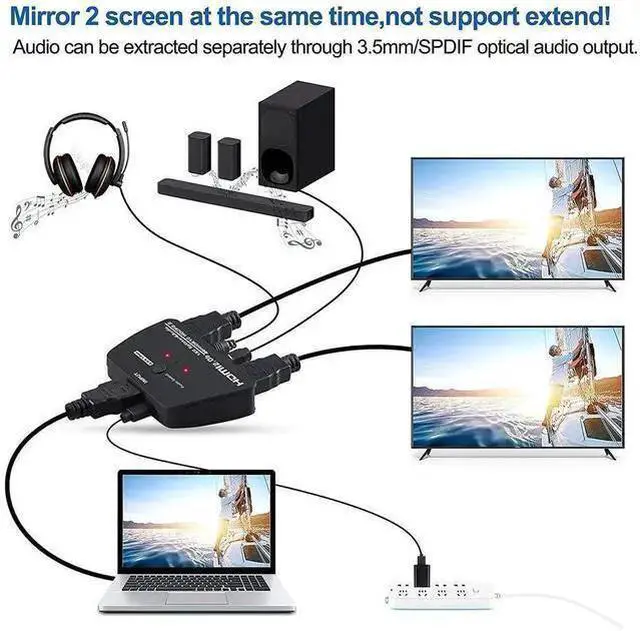 Alt view image 10 of 14 - HDMI Splitter 1 in 2 Out with 3.5mm Jack & Optical SPDIF audio out - 4K Ver HDMI2.0 HDCP2.2, Powered HDMI Splitter Supports 3D 4K@60HZ Full HD1080P for Xbox PS4 PS3 Fire Stick Roku Blu-Ray Player TV