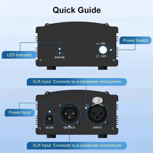 Alt view image 10 of 14 - 48V Phantom Power Supply, 1-Channel Design with Adapter, Compatible with Any Condenser Microphones, Ideal for Professional Music Recording and Studio Use, Black