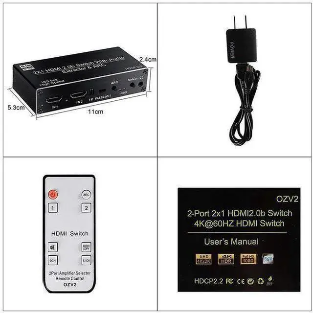 Alt view image 9 of 12 - Torpedo Nova 2x1 HDMI Switch with Audio Extractor, 4K@60Hz HDR, ARC, Optical/Coaxial/RCA/3.5mm Output, HDCP 2.2, Auto-Switching & Remote Control