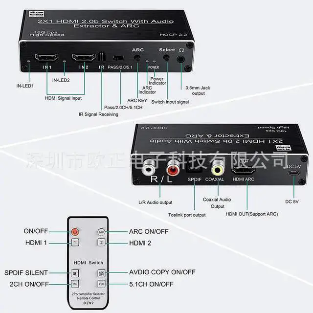 Alt view image 12 of 12 - Torpedo Nova 2x1 HDMI Switch with Audio Extractor, 4K@60Hz HDR, ARC, Optical/Coaxial/RCA/3.5mm Output, HDCP 2.2, Auto-Switching & Remote Control