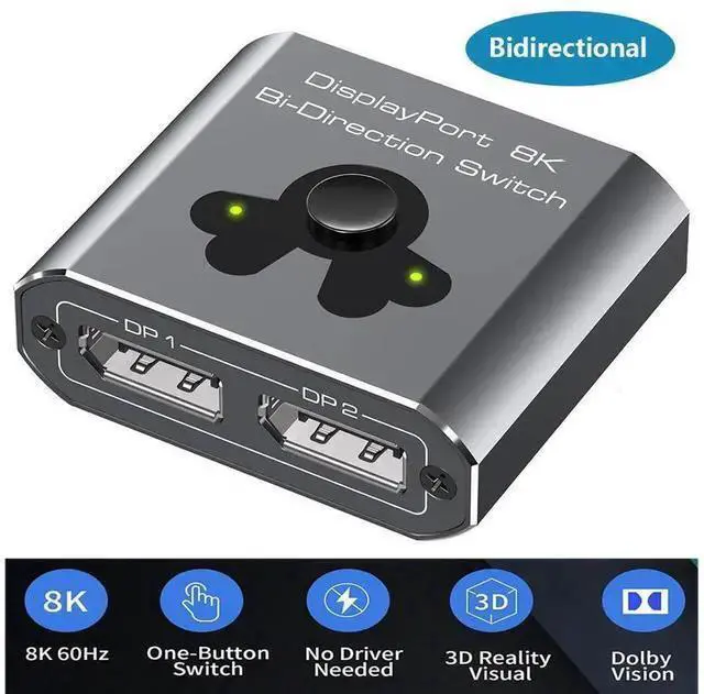 Alt view image 8 of 14 - 2 Port DisplayPort Switch Bidirectional, 8K Bi-Direction Display Port Switch 2 in 1 Out / 1 in 2 Out Manual Switch DP Switcher Selector Box Support 8K@60Hz 4K@120Hz for PC/Laptop/Game Console eokCXOY