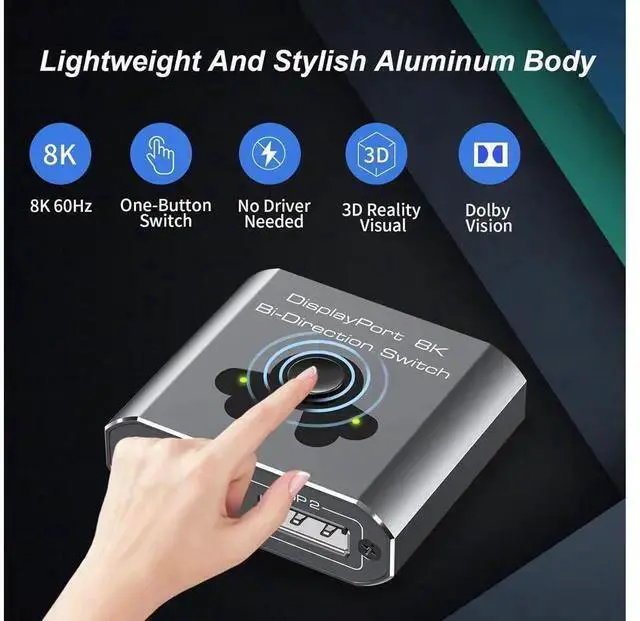 Alt view image 9 of 14 - 2 Port DisplayPort Switch Bidirectional, 8K Bi-Direction Display Port Switch 2 in 1 Out / 1 in 2 Out Manual Switch DP Switcher Selector Box Support 8K@60Hz 4K@120Hz for PC/Laptop/Game Console eokCXOY